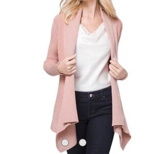 White House Black Market Shimmer Draped Knit Open Cardigan Pink M WHBM Ribbed